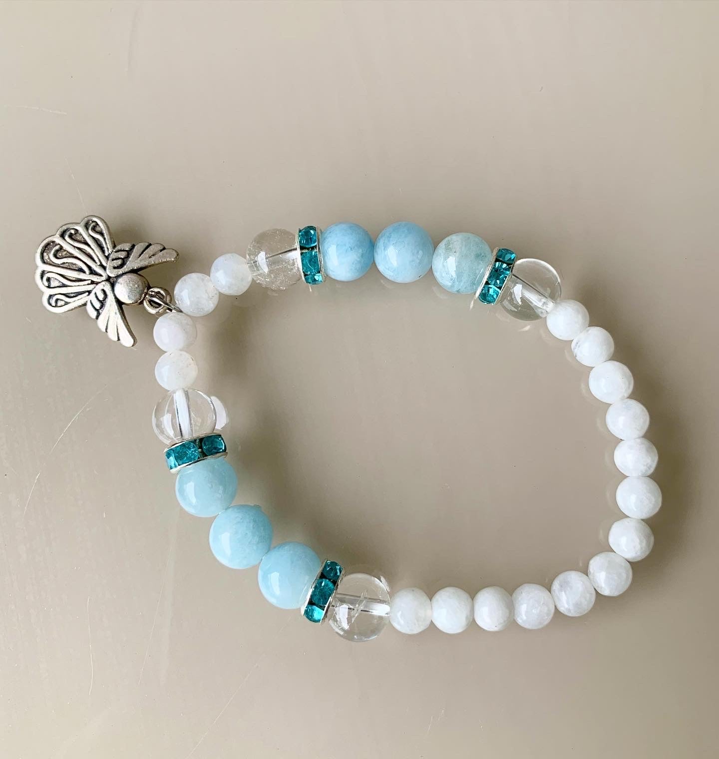 Moonstone with Aquamarine Angel Charm 8mm Bracelet