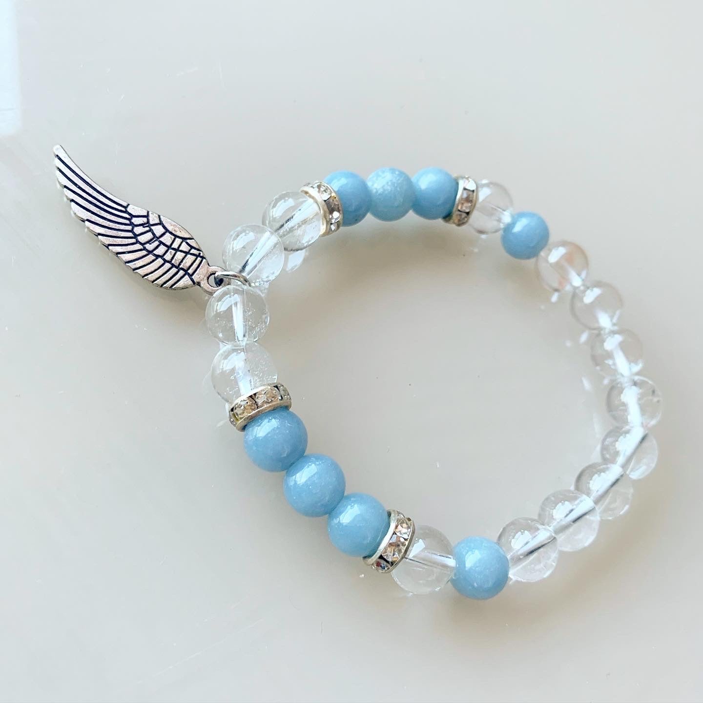 Clear Quartz & Angelite Angel Wing Bracelet 8mm