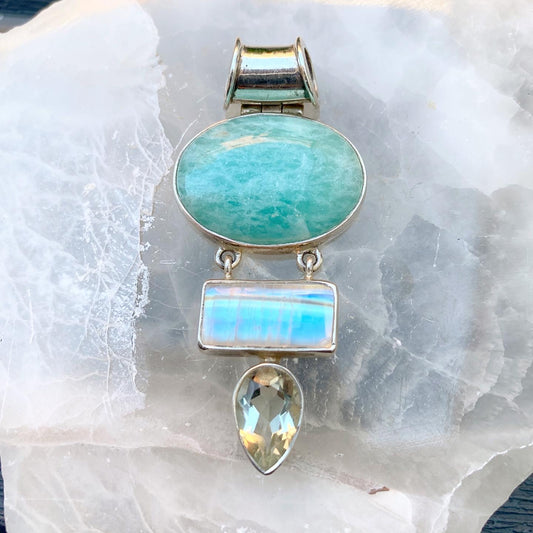 Amazonite, Rainbow Moonstone & Verdelite Sterling Silver Pendant