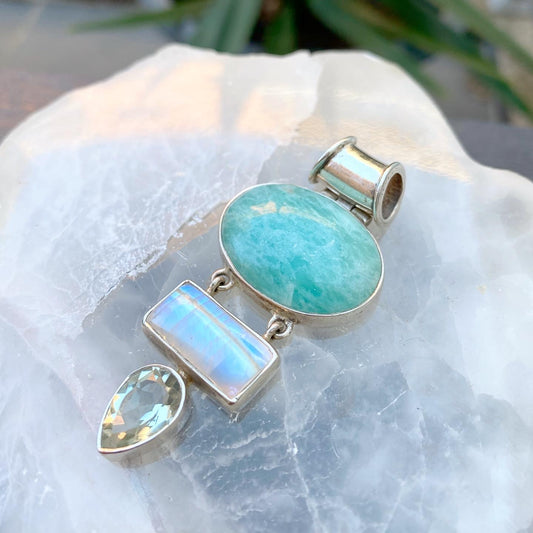 Amazonite, Rainbow Moonstone & Verdelite Sterling Silver Pendant