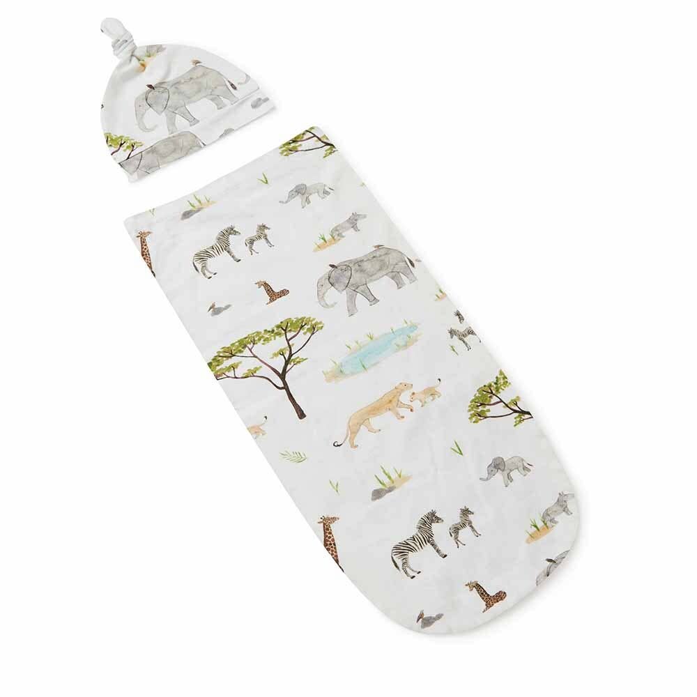 Safari Snuggle Swaddle & Beanie Set