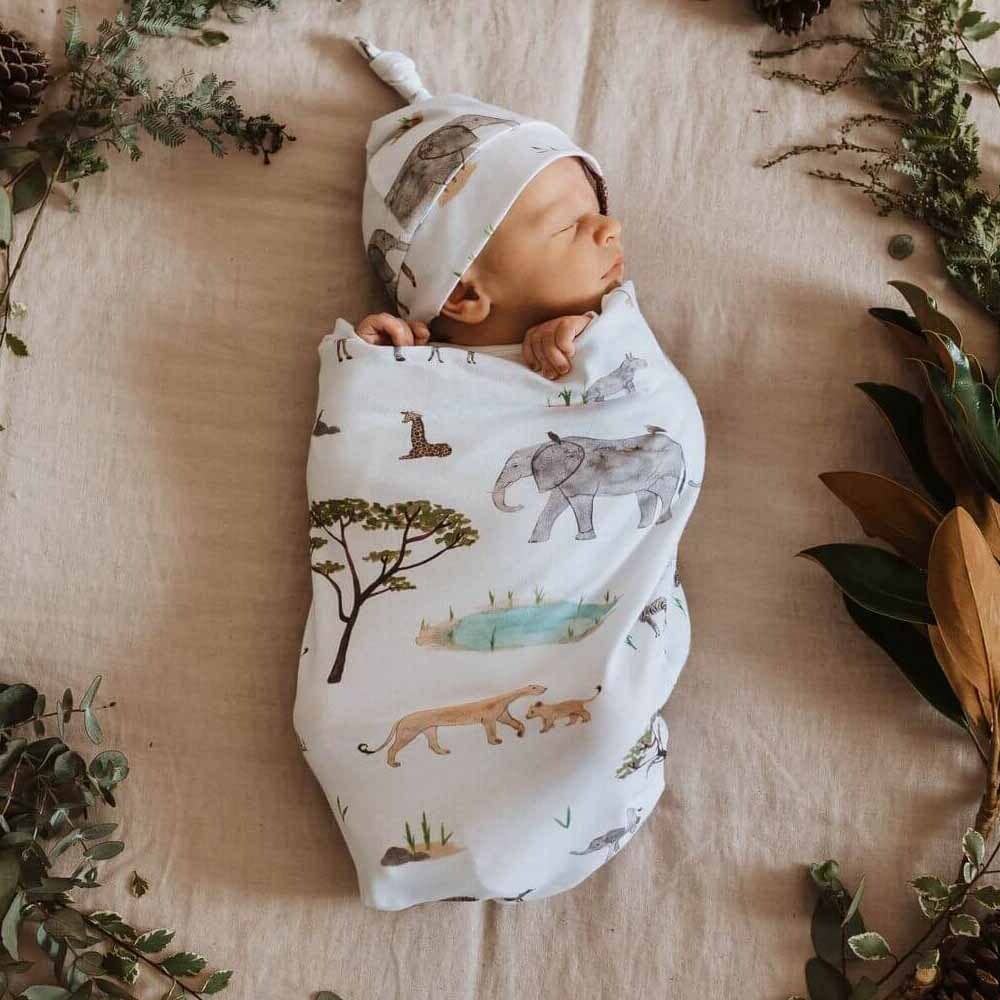 Safari Snuggle Swaddle & Beanie Set