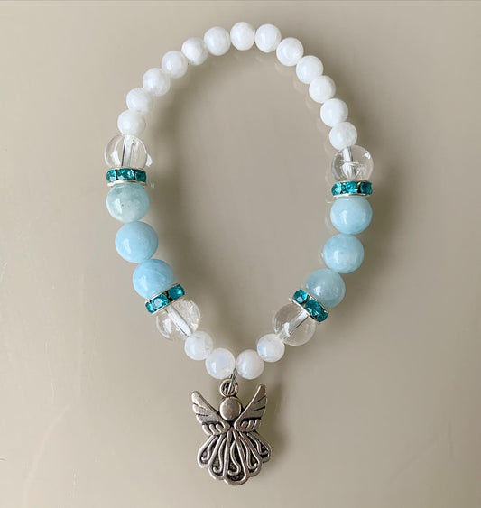 Moonstone with Aquamarine Angel Charm 8mm Bracelet