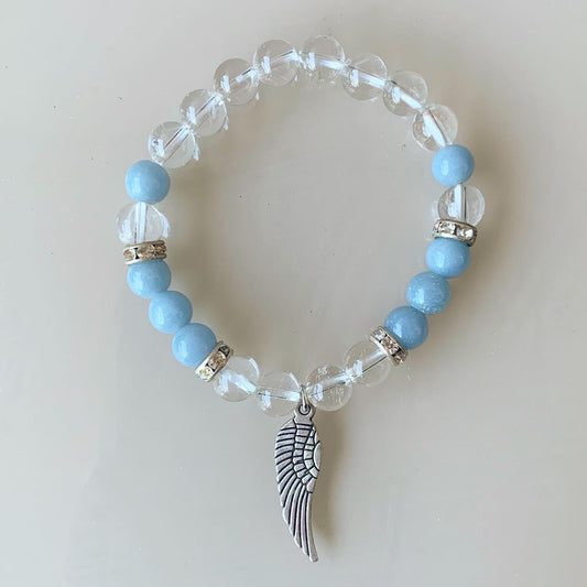 Clear Quartz & Angelite Angel Wing Bracelet 8mm